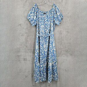 Suzanne Betro Dress 2X Blue Cream Puff Sleeve Square Neck Sash Tiered Midi New